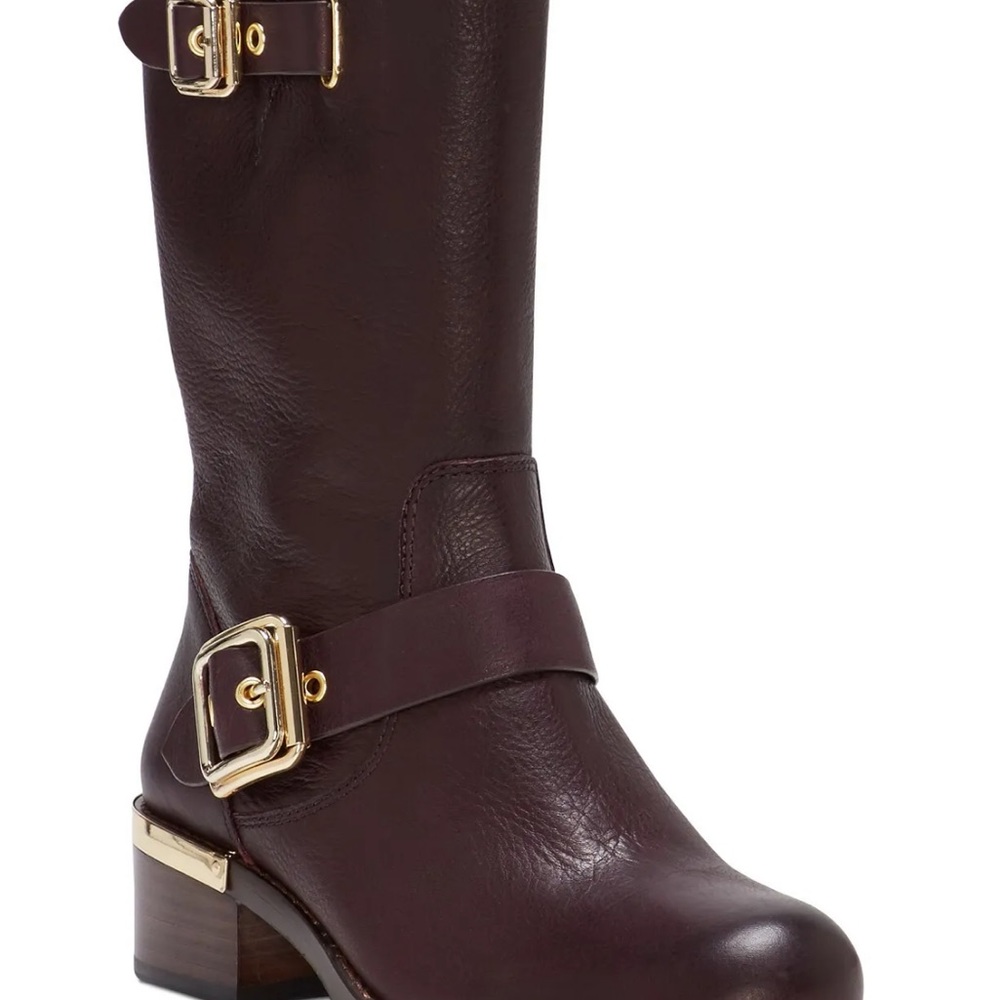 Vince Camuto size 7 burgundy like color with gold buckles, boots worn only once. - Picture 2 of 6